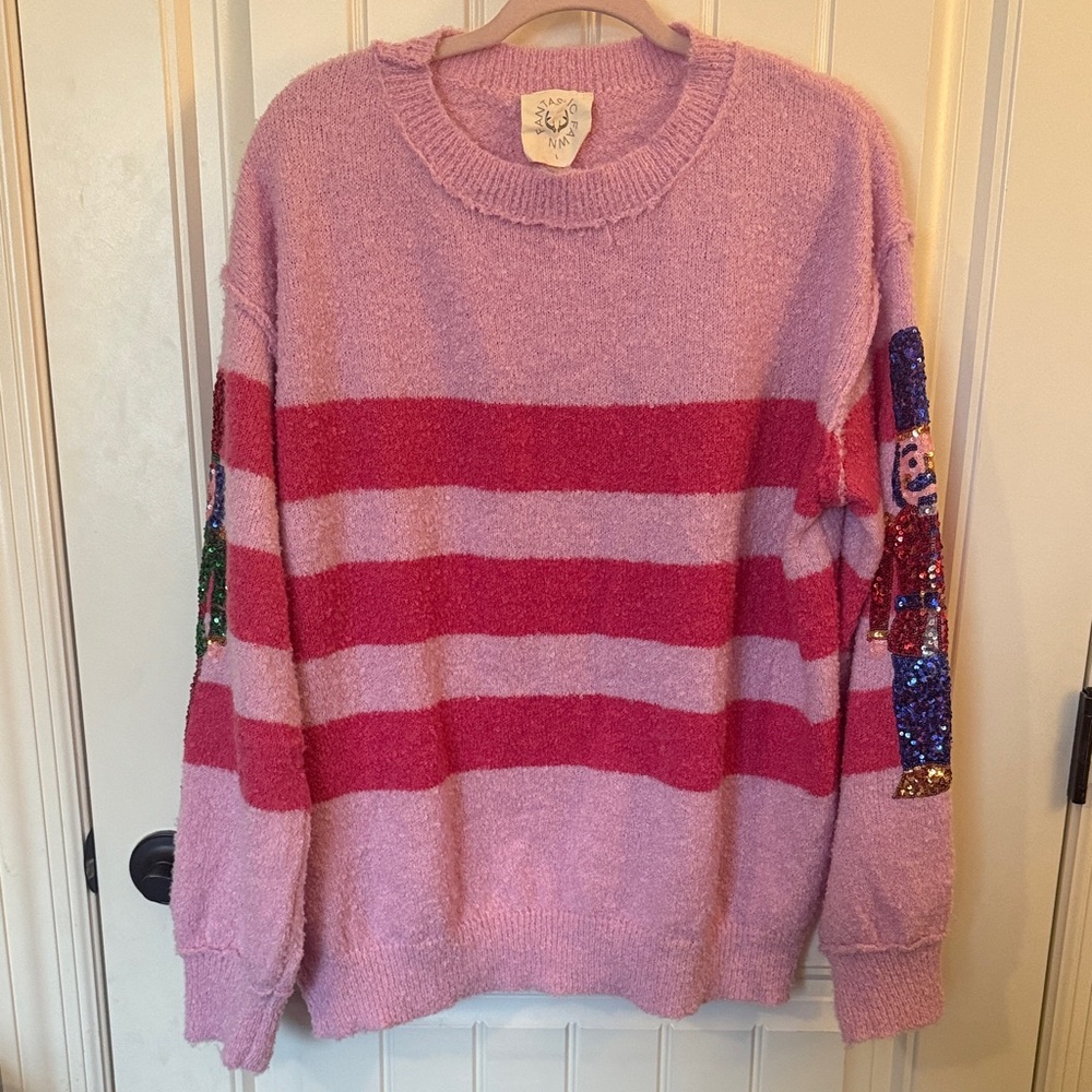 Fantastic Fawn Pink Striped Sweater with Sequin Nutcrackers
